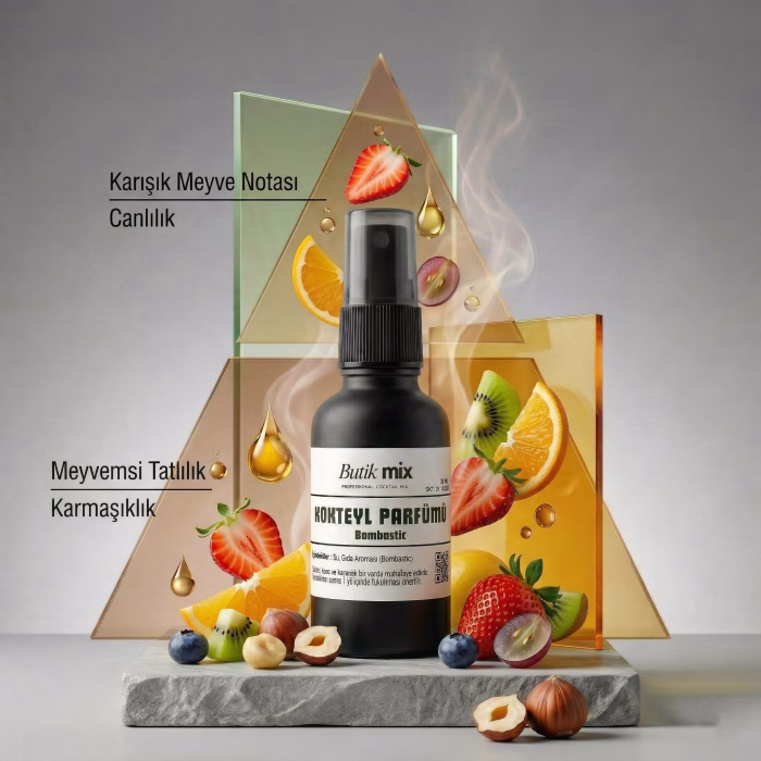 Butik Mix Bombastic kokteyl parfümü, çilek ve kivi dilimli canlı meyve aroması sunumu.