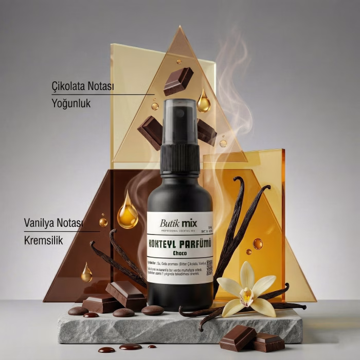 Butik Mix Choco kokteyl parfümü, bitter çikolata parçaları ve vanilya çubuğu ile yoğun içecek aroması sunumu.