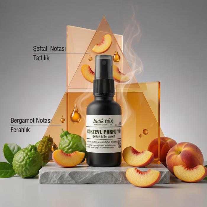 Butik Mix Exotic kokteyl parfümü, taze şeftali dilimleri ve yeşil bergamot ile egzotik içecek aroması sunumu.
