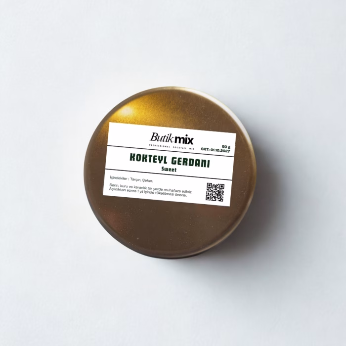 Butik Mix Sweet Kokteyl Gerdanı altın metal kutu ambalajı ve etiketi.